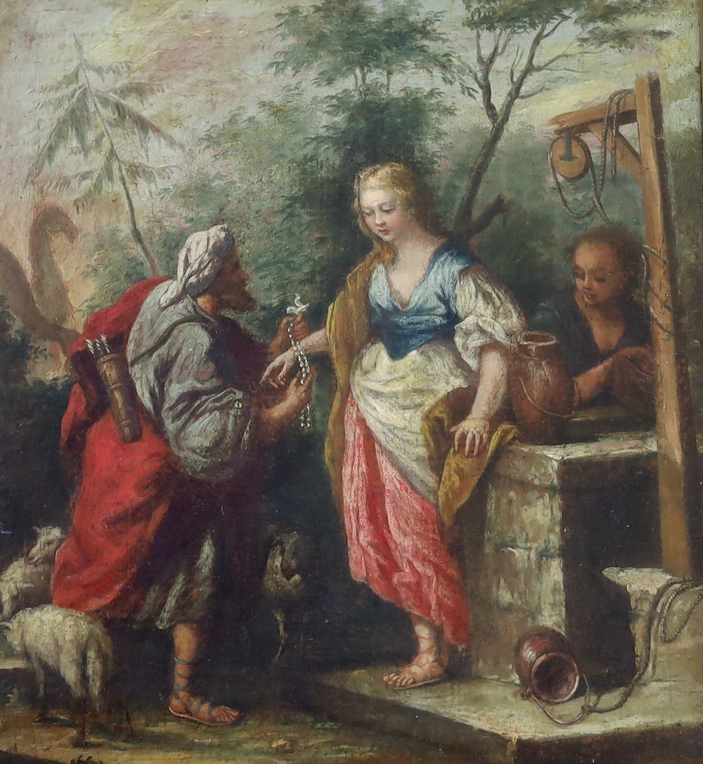 After Jacopo Amigoni (Italian, 1682-1752), oil on canvas, 'Rebecca at the well', 47 x 42cm